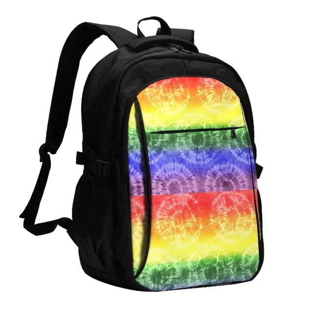 Balery Colorful Tie Dye Mochila con carga USB para hombre y mujer - Mochila impermeable y antirrobo para laptop con puerto USB para viajes, trabajo