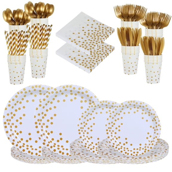 280pcs White Gold Party Supplies Decorations Serve 40, Paper Plates and Napkins Set, Disposable Party Decorations, Plastic Forks Knives Spoons, Paper Plates Napkins Cups Baby Shower Birthday Wedding