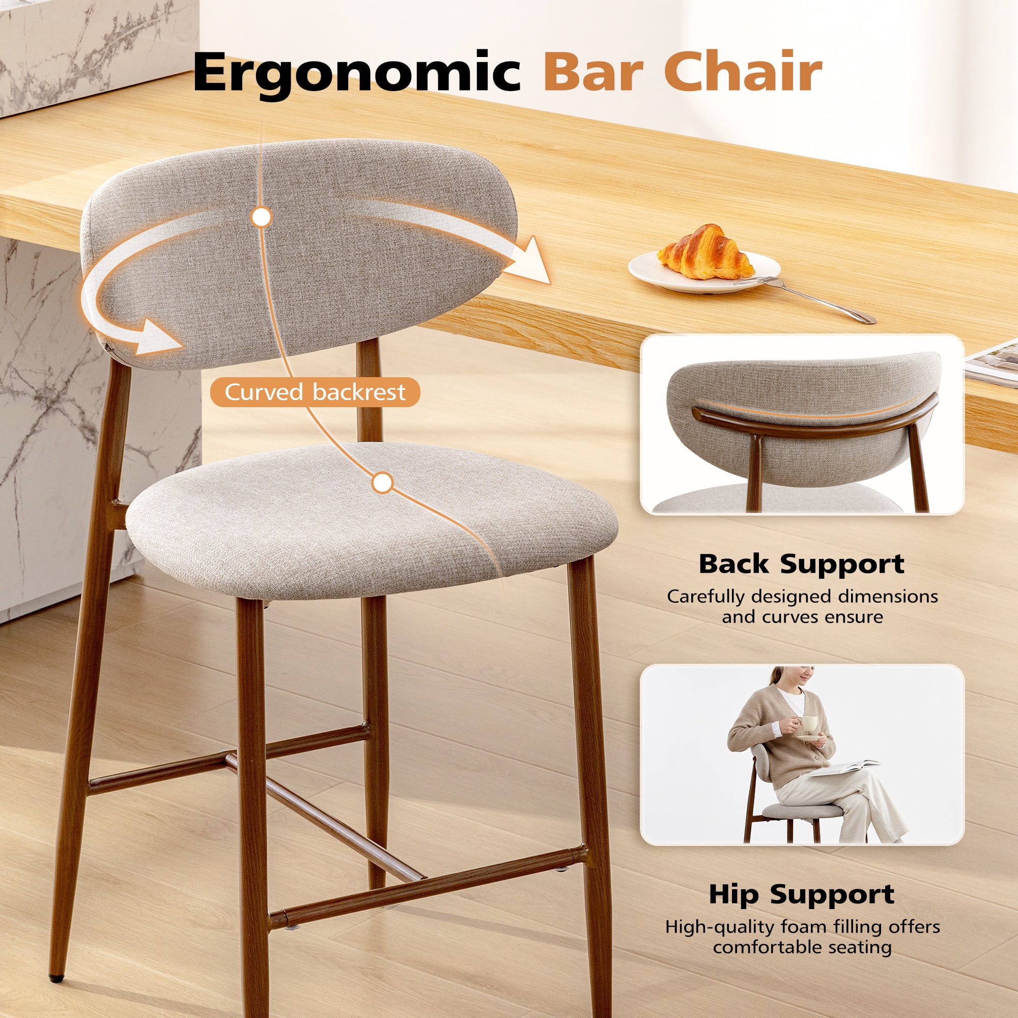 COOLHUT Bar Stool Set of 4, 26" Counter Height Bar Stools with Curved Back, Premium Linen Upholstery Bar Stools with Brass-Toned Metal Footrest for Dining Room, Kitchen Island, Oatmeal