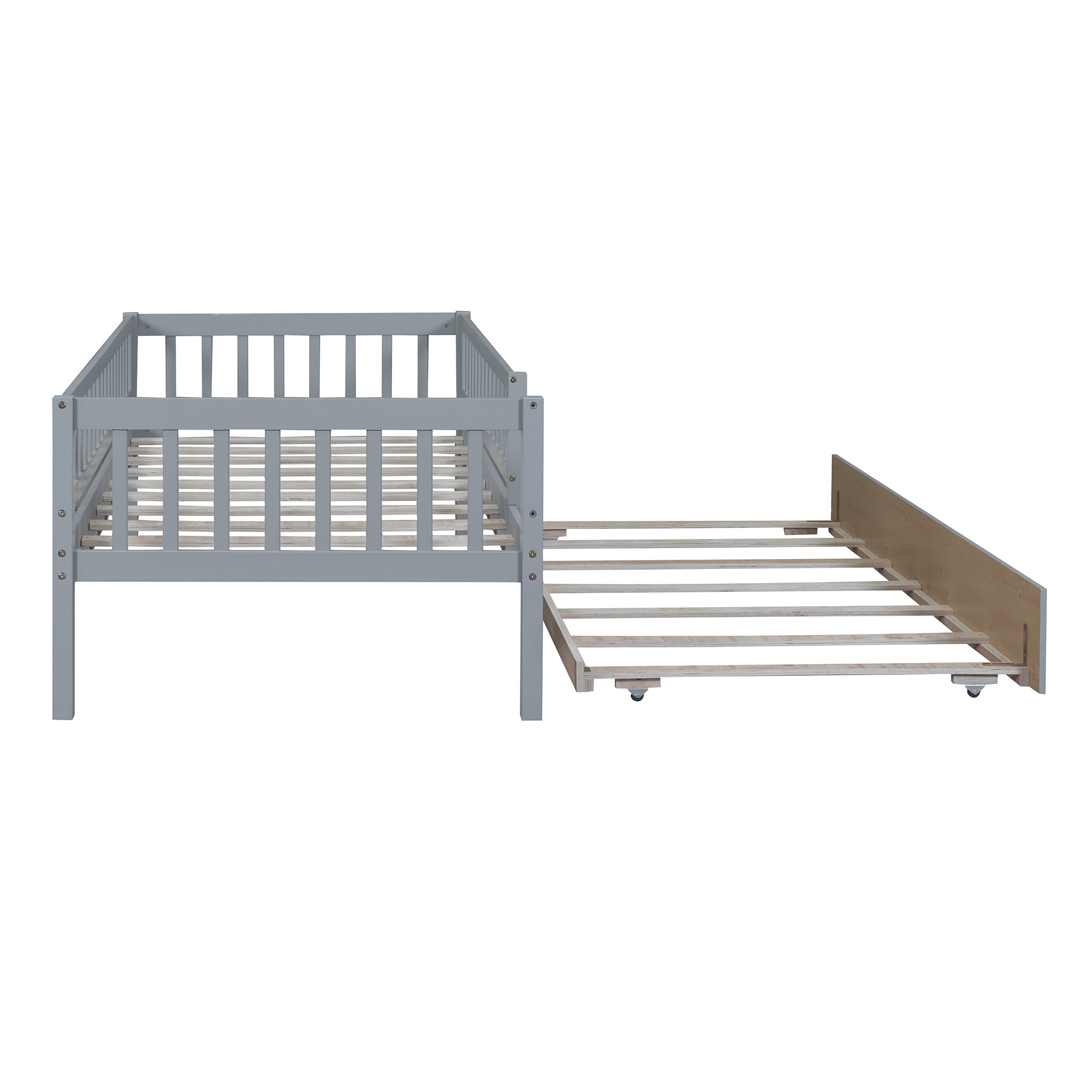 Holaki Twin Size Wood Bed with Trundle and Guardrails for Kids, Gray
