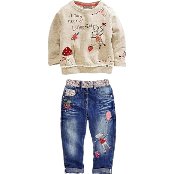 Lukycild Ropa Para Niña Pequeña 3T Ropa Para Niña Bebé Niña Manga Larga Floral Top+Pantalones Vaqueros Conjunto