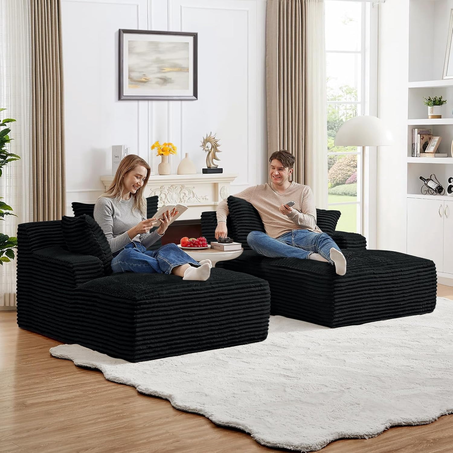 AENKYO Compressible Double Chaise Lounge Sectional Couch - Fluffy Upholstered 2-Seater Loveseat for Living Room, Bedroom, No Assembly Required, Black