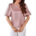 thumbnail image 3 of Women'S Satin Silk Blouses Puff Short Sleeve Dressy Casual Tops Loose Fit Crew Neck Cropped Shirts Pink L, 3 of 10