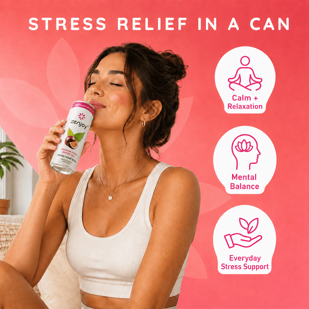Zenjoy Stress Reief Drink, Calming Green Tea, Non Alcoholic, Ashwagandha & Lemon Balm for Stress Relief, L - Theanine for Focus (12 Pack) (Passion Fruit))