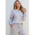 thumbnail image 6 of Women's Light Grey Solid Textured Collared V-Neck Top and Wide Leg Pants Set, 6 of 12
