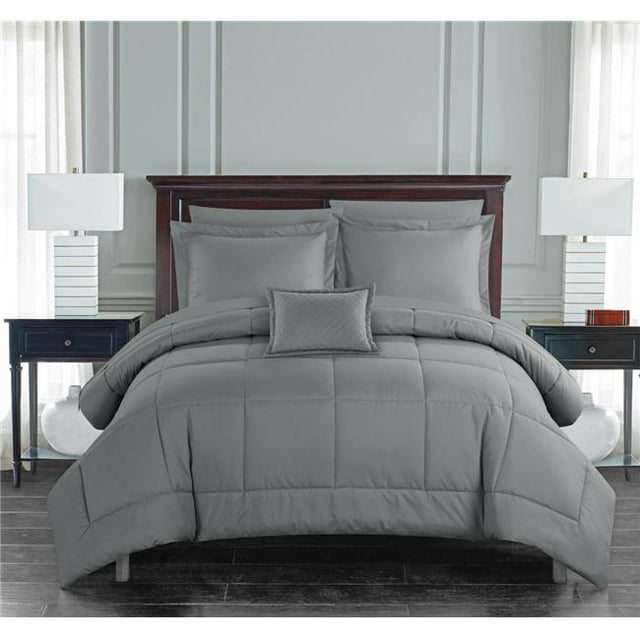 Chic Home BCS09210-US Queen Size Josaia Comforter Set Pieced Solid Color Stitched Design Bed in a bedding Sheets & Decorative Pillow Shams Included, Grey - 8 Piece