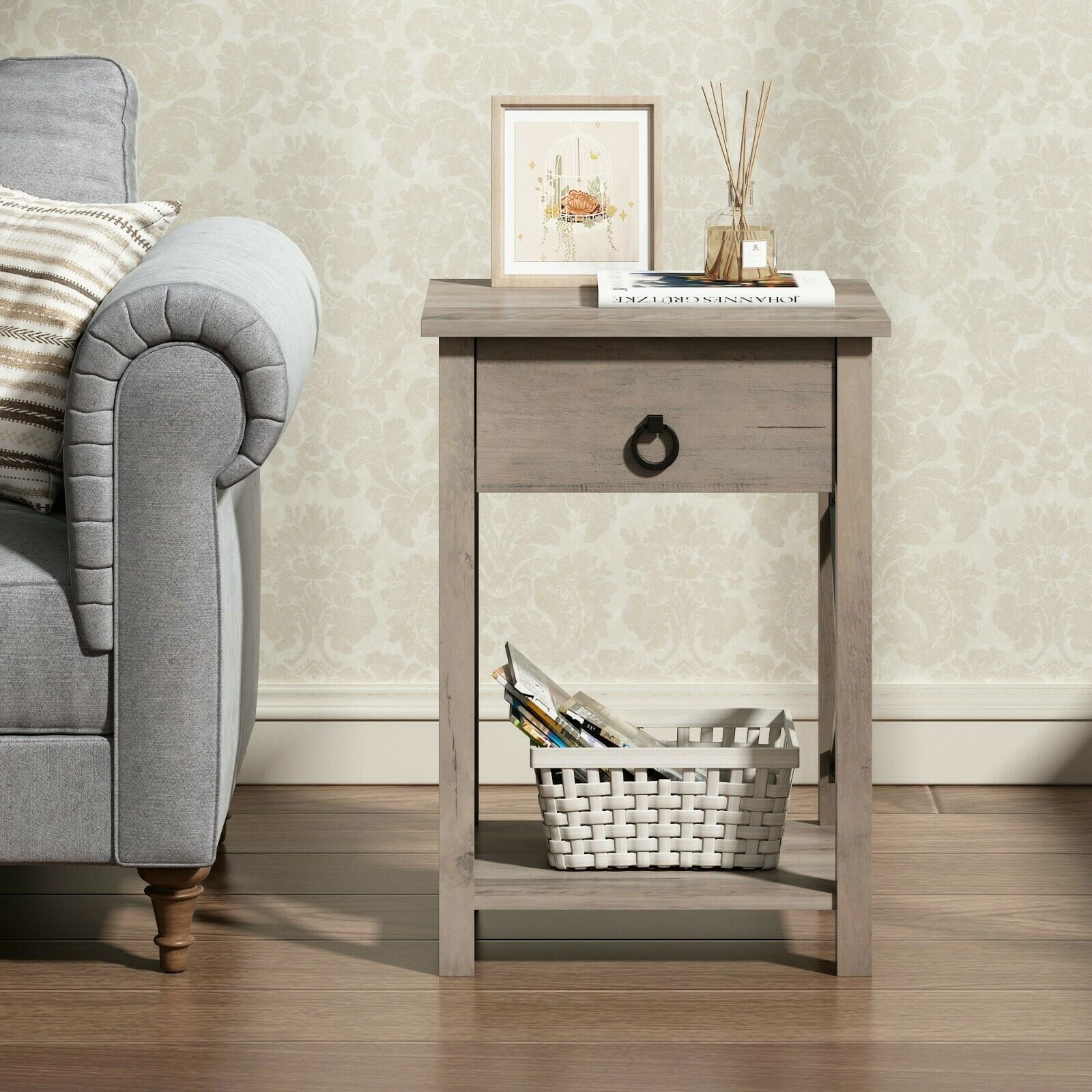 Private Jungle Single Farmhouse Nightstand Wood End Table Bed Sofa Side Table w/Drawer Bedroom Decor,Rustic Gray + Black