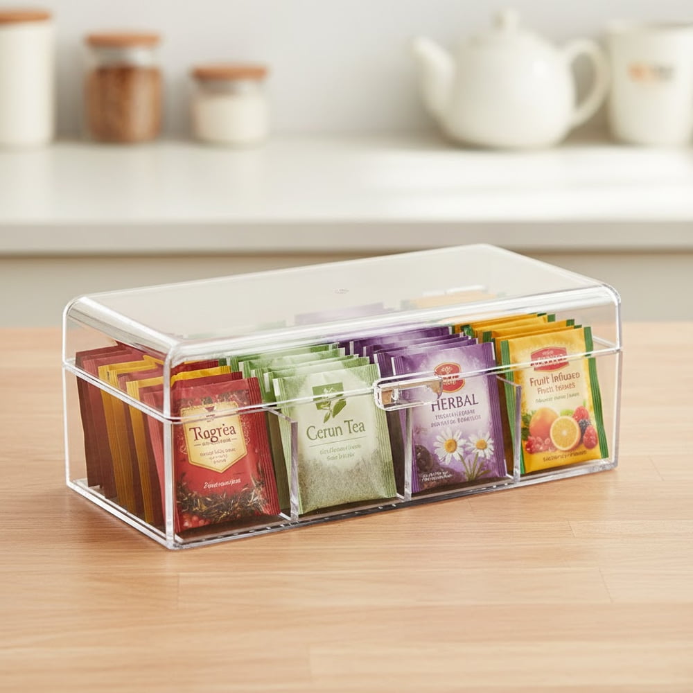 4 Compartment Storage Box Clear Lidded Organizer Container for Tea Bags Cosmetics Stationery and Desktop Organization