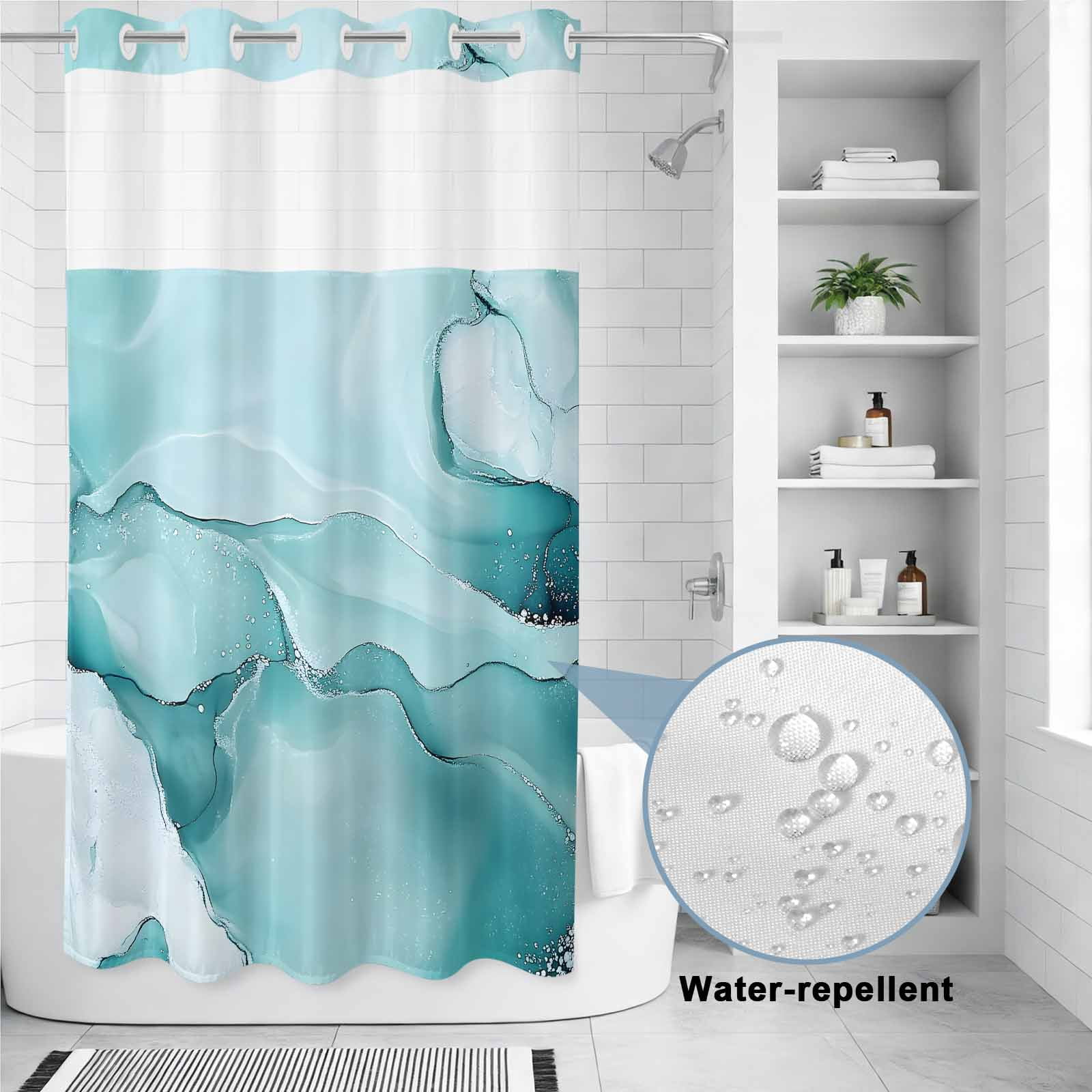 No Hook Shower Curtain,Turquoise Marble Waterproof Shower Curtains for Bathroom,Modern Abstract Art Texture Watercolor Bathroom Curtain with Mesh Top Window for Home Hotel Bathtub,Small Stall 36"x72"