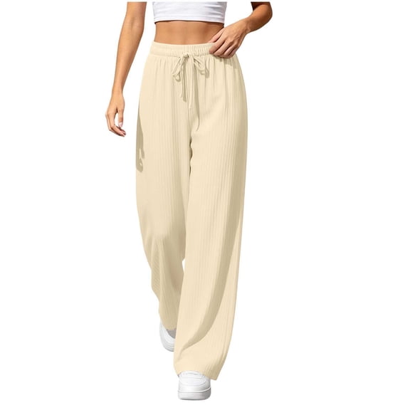 ClodeEU Women Drawstring Elastic Waist Wide Leg Sweatpants,Casual Loose Pants Beige,Women's Plus L
