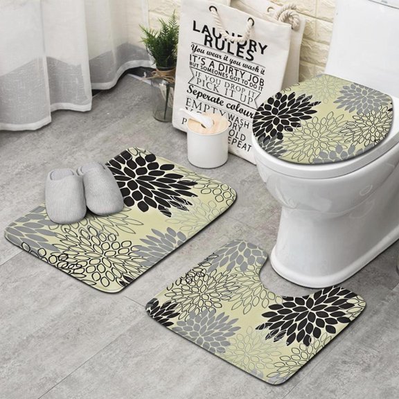 Gray Floral and Petal Pattern Bathroom Rugs Sets 3 Piece,Toilet Cover Set,Absorbent Non Slip Bathroom Mats Sets with U-Shaped Contour Rug Toilet Rug Set