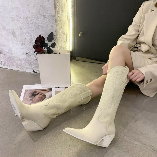 HKEJIAOI Cuissardes Bottes Chaussures pour Femmes Motif Rétro en Relief Talon Moyen Fermeture Éclair Mode Cuir Hautes Bottes