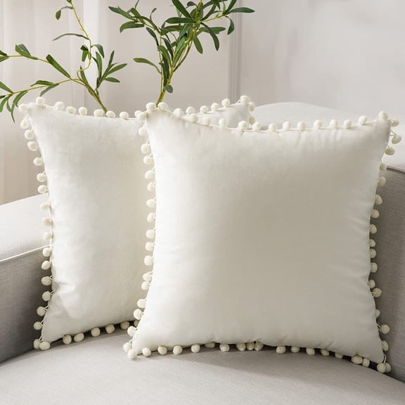 2pcs Velvet Cushion Covers, Velvet Soft Soild Decorative Square Throw Pillow Cover with Pom-Poms, Square Throw Pillow Cover Cushion Case for Sofa Bedroom Car, 18 x 18 inches