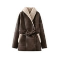 thumbnail image 3 of Female Faux Leather Jacket with Faux Fur Collar, Winter Long Sleeve Furry Trim Peplum Parka Coat with Belt Brown S, 3 of 10
