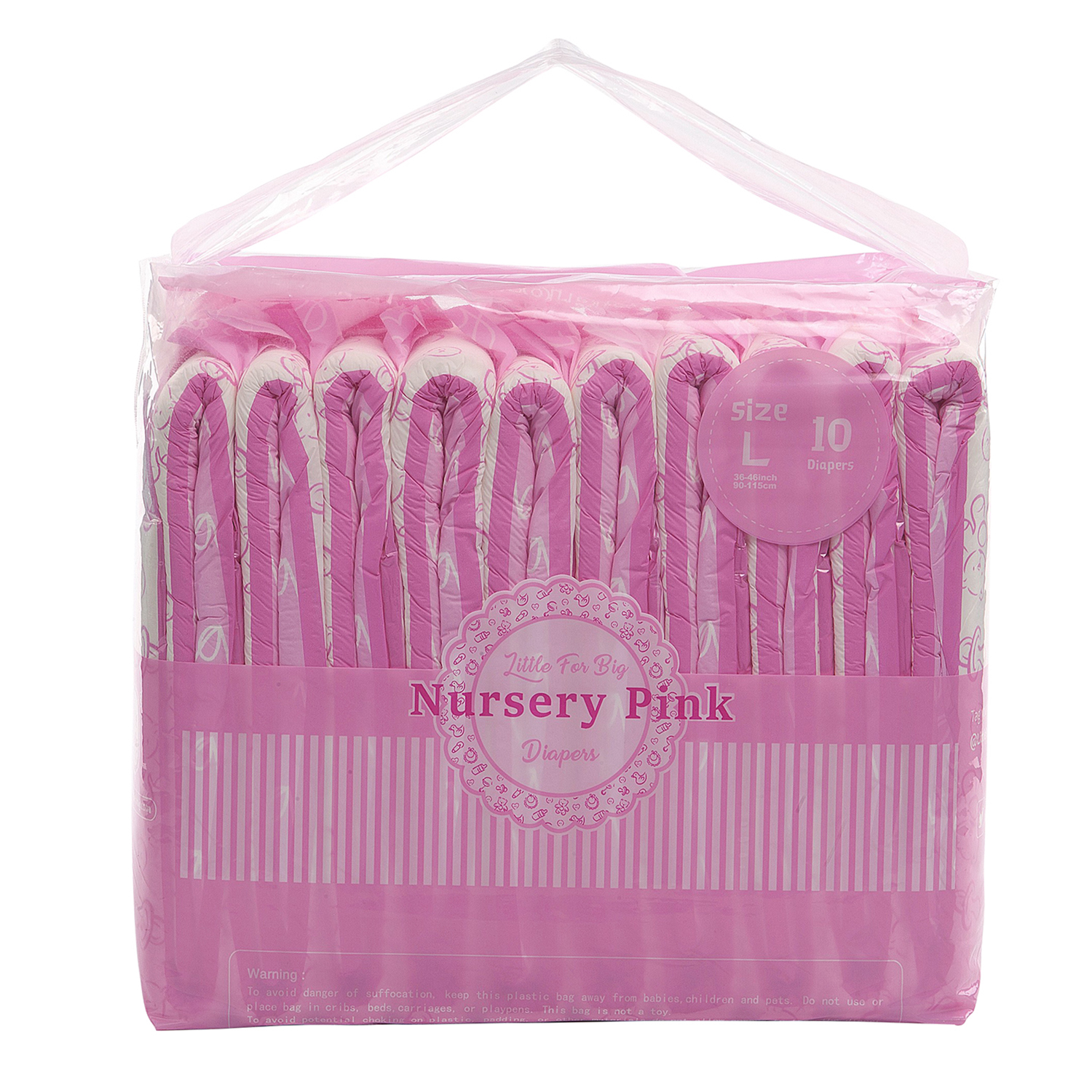 Littleforbig Adult Printed Diaper 10 Pieces - Nursery Pink (Medium 28"-38") Medium (Pack of 10) Pink