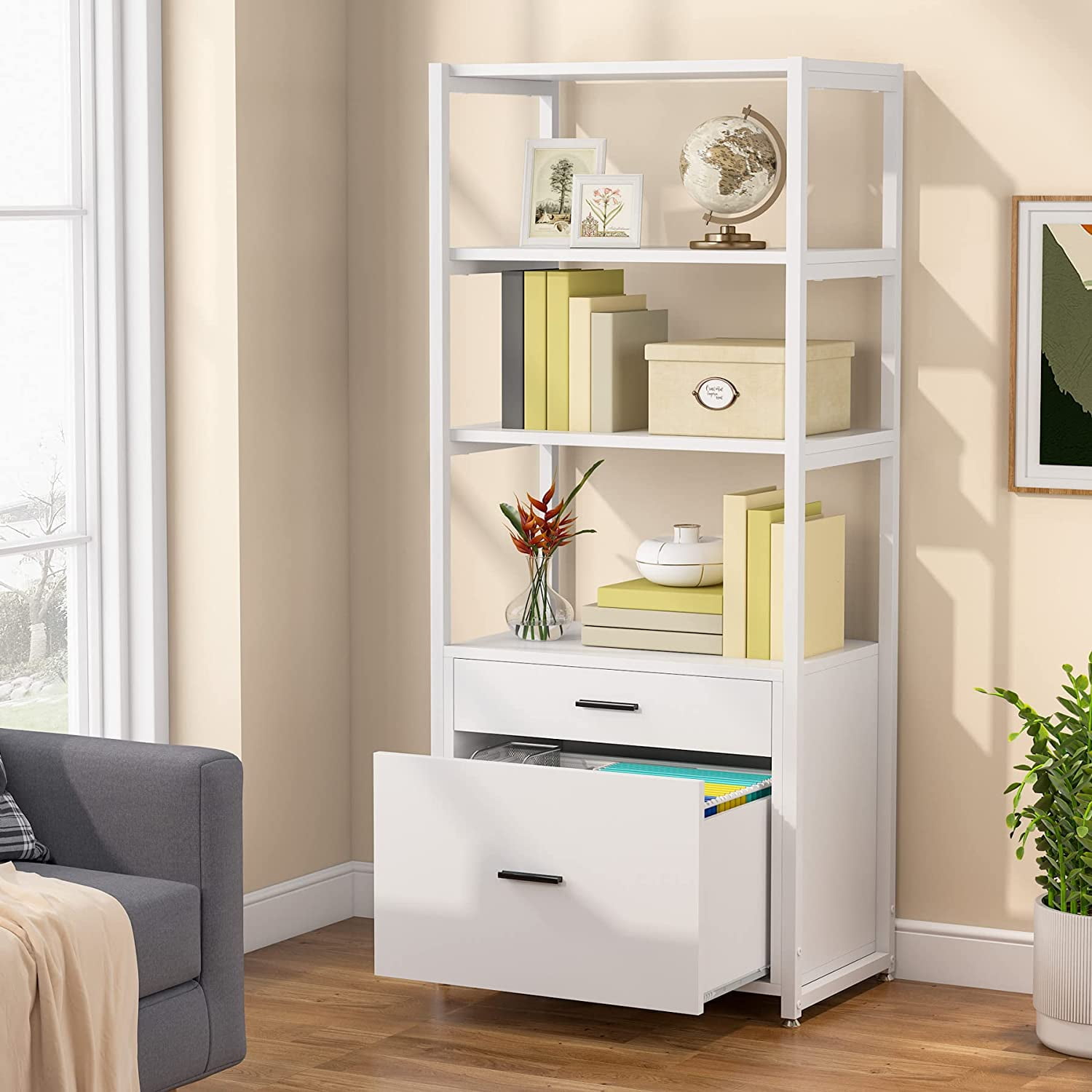 Tribesigns Bookcase, 4Tier Bookshelf with 2 Drawers, Lateral Filing