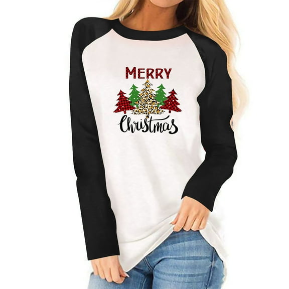 Lyinloo Womens Christmas Shirt Holiday Season-Gift For Lover Long Sleeve T-Shirt Ladies Fit Color Matching Stitching T-Shirt