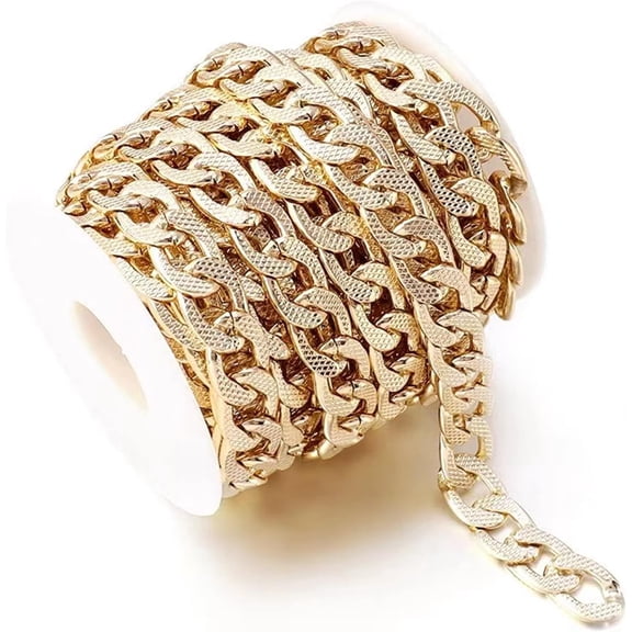 Heyjieyu 15 Feet Aluminum Flat Curb Chains Golden Twisted Miami Cuban Link Chain Chunky Chain Handbag Chain with Spool for Necklace Jewelry Making 15x10mm, Chain-NK-G-15MM