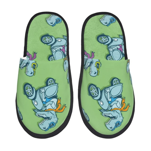 Naloa Motorcycle Riding Dinosaur Print Indoor Fuzzy Slippers,Memory Foam Slippers,House Slippers,Warm Fuzzy Comfy House Shoes-Large