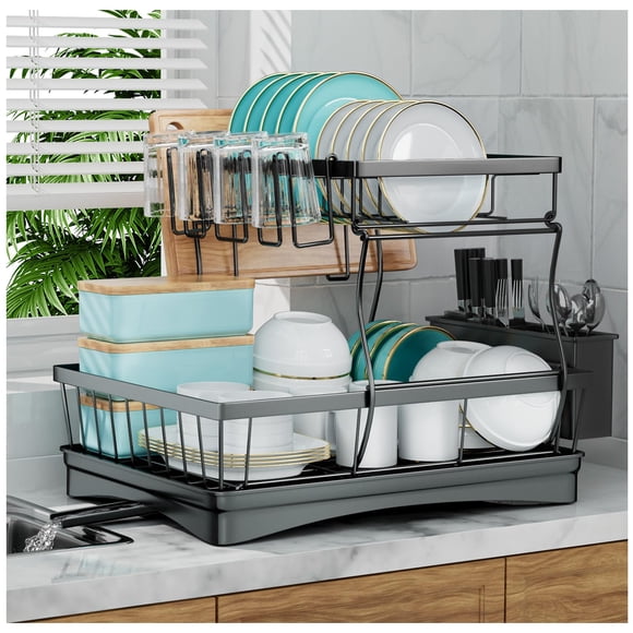 Estante para secar platos, 7 códigos, grande, 2 niveles con soporte para utensilios, negro