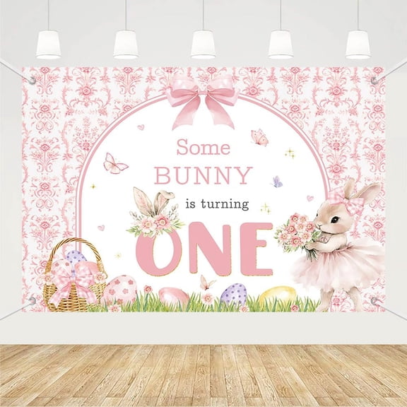 7x5FT Bunny 1st Birthday Backdrop Spring Some Bunny is Turning One Photography Background Pink Floral Easter Rabbit First Birtdhay Party Decorations Banner Supplies Photo Booth Props