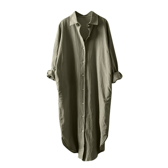 Taqqpue Womens Cotton Long Sleeve Shirts Solid Color V-Neck Button Down Long Blouse Tops Fall Basic Loose Fit Casual Plus Size Jackets with Pockets