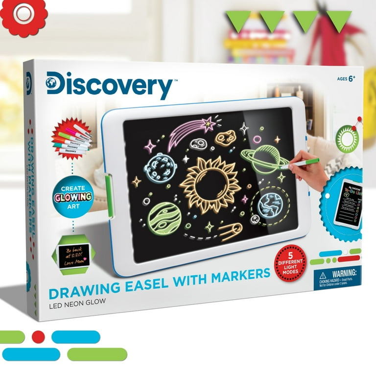 Discovery Kids LED Neon Glow Drawing Easel with Markers - Ages 3+