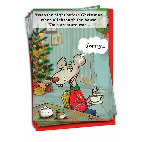 12 Funny Christmas Cards Pack (1 Design, 12 Cards) - No More Stirring Mouse