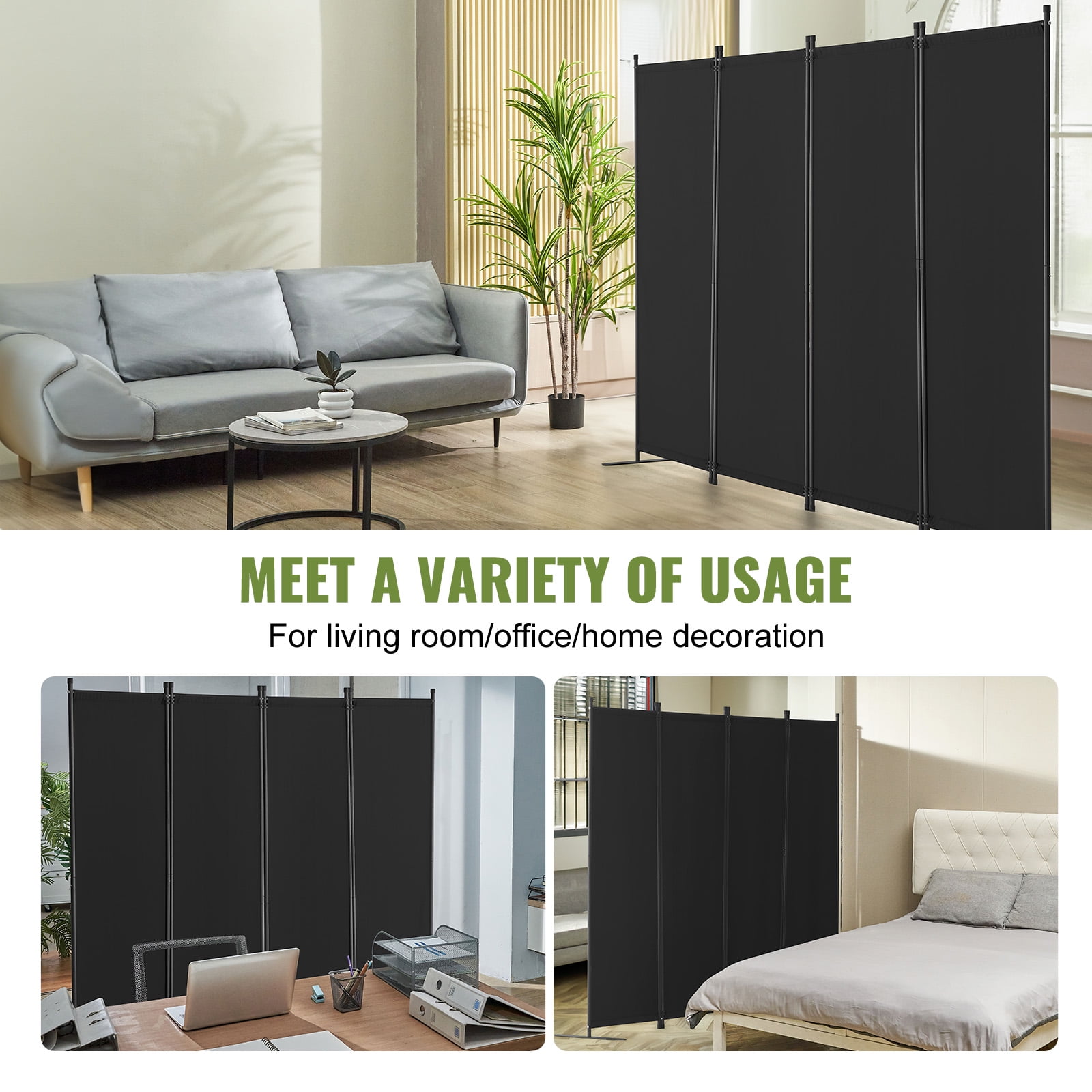 KFFKFF 4 Panel Room Dividers, Foldable Privacy Screens, Cloth Segregation Panels for Workspace, Bedroom, Meal Space, Study Area, Self-supporting, Black
