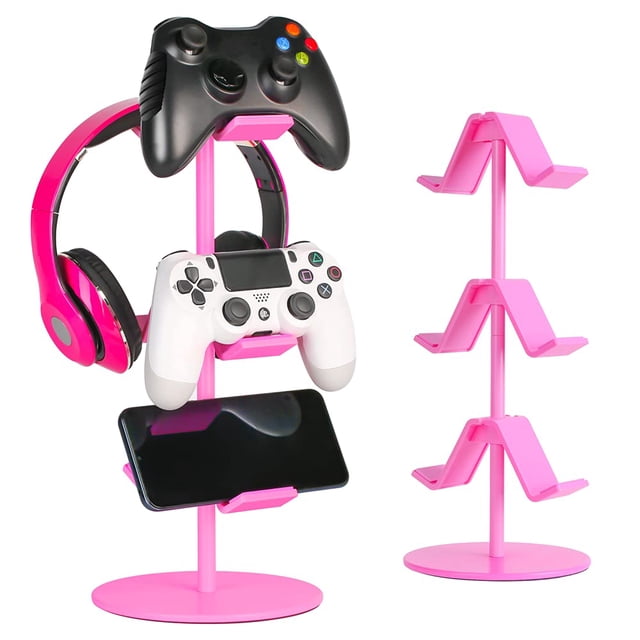 KELJUN Soporte para controlador, soporte para auriculares, color rosa, 3 niveles, multiajustable, para todos los accesorios universales para PC, Xbox, PS4, PS5, Nintendo Switch (rosa lindo)