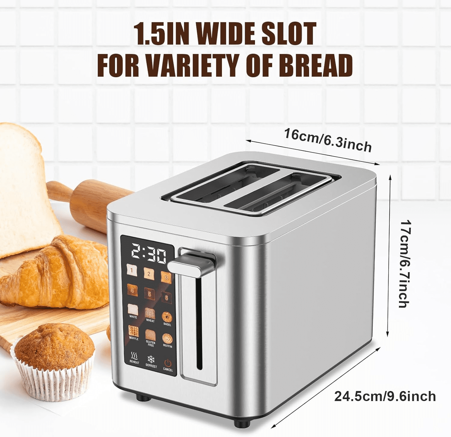 Digital 2 Slice Toaster, Stainless Steel Touchscreen Bread Toaster with LED Countdown Timer, 1.5" Extra Wide Slots, 6 Bread Types & 6 Shade Settings, Defrost/Reheat/Cancel Functions, Silver