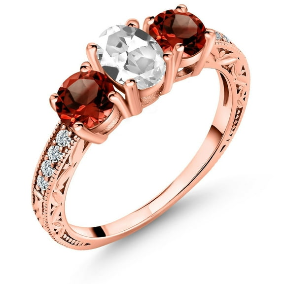 Gem Stone King 2.22 Ct Oval White Created Sapphire Red Garnet 18K Rose Gold Plated Silver Ring (Size 9)