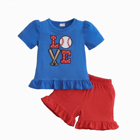 Xyant Toddler Baby Girl Baseball Outfit Baseball Embroidery Short Sleeve T Shirt Tassel Trim Shorts Cute 2Pcs Infant Summer Clothes (Blue,6-12 Months)