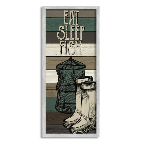 Stupell Industries Eat Sleep Fish Phrase Fishing Boots and Net Inspirational Painting Gray Framed Art Print Wall Art, 10 x 24