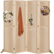 JIANYI 4 Panel Pegboard Freestanding, 5 FT Portable Display Board Organizer for Craft Show Jewelry, Wooden Folding Privacy Screen Room Divider (with Base, Natural)