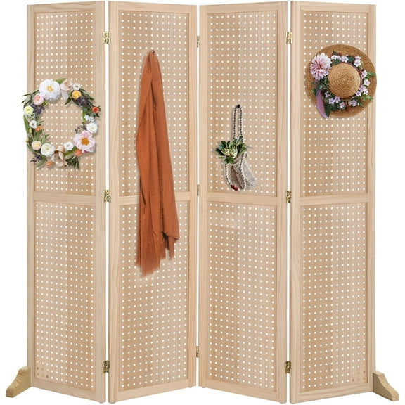 Bonnlo 4 Panel Pegboard Freestanding, 5 FT Portable Display Board Organizer for Craft Show Jewelry, Wooden Folding Privacy Screen Room Divider (with Base, Natural)