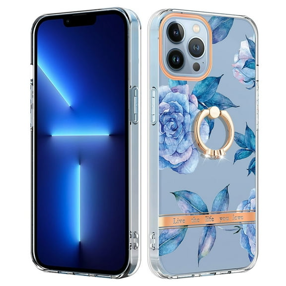 Allytech Floral Series Soft TPU Back Cover Ring Holder Kickstand Bumper Translucent Shockproof Slim Shell Cell Phone Case Cover for Apple iPhone 13 Pro, Blue Flower