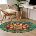 thumbnail image 2 of Bohemian Green Flower Pattern Washable Round Area Rug 4 ft, Vintage Tribal Ethnic Colorful Floral Leaf , Soft Non Slip Rugs Stain Repellent Indoor Felt Carpet for Living Dining Room Bedroom Office, 2 of 9