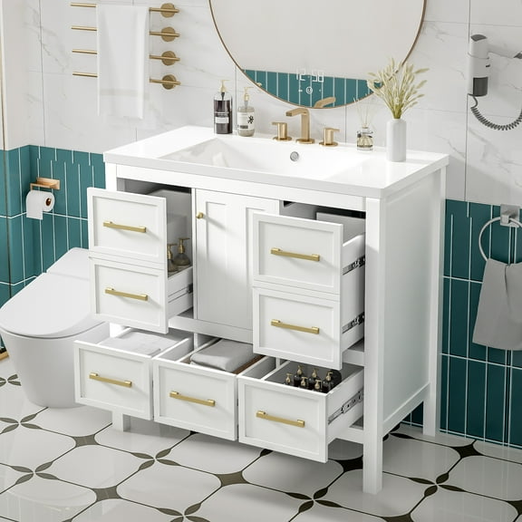 Harper & Bright Designs 36" Bathroom Vanity Sink Combo, Bathroom Storage Cabinet with Drawers, Single Sink Bathroom Vanity with Soft Closing Doors, White