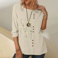 thumbnail image 2 of Hauts Décontractés pour Femmes Col Rond Boutons devant Imprimé Chemises en Coton Lin Confortables Légères Blouses à Manches Longues, 2 of 7