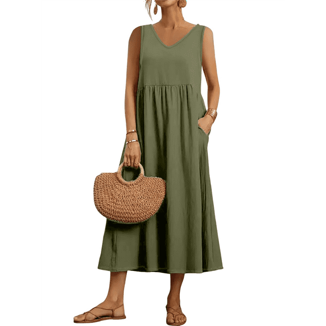 Robe Maxi Femme 2025 Sans Manches Robes d'Été Col en V Décontractées à Étages avec Poches Vert 5TG