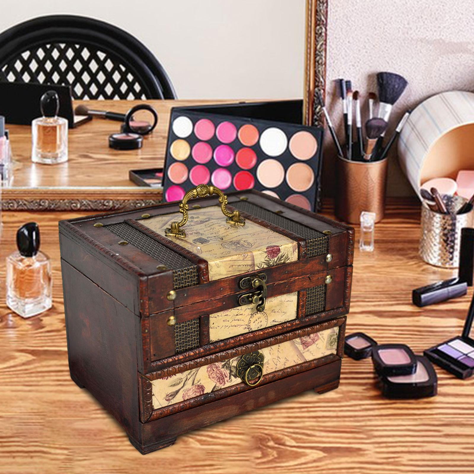 Vintage Wooden Jewelry Box Three Tier with Mirror Classical