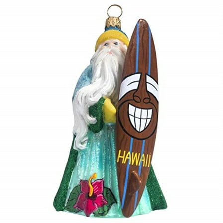 Glitterazzi Hawaii Santa with Tiki Surfboard Polish Glass Christmas Ornament