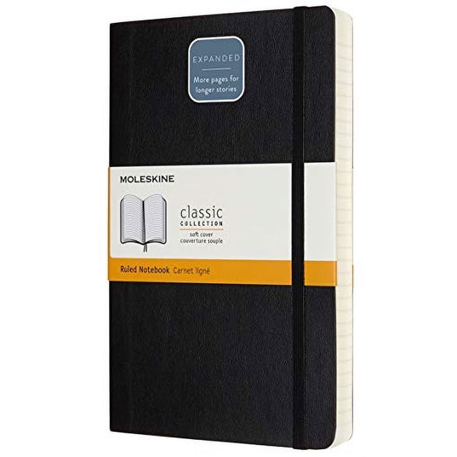 Moleskine libreta clásica expandida, tapa blanda, grande (5" x 8.25"), rayado, negra, 400 páginas Moleskine NA