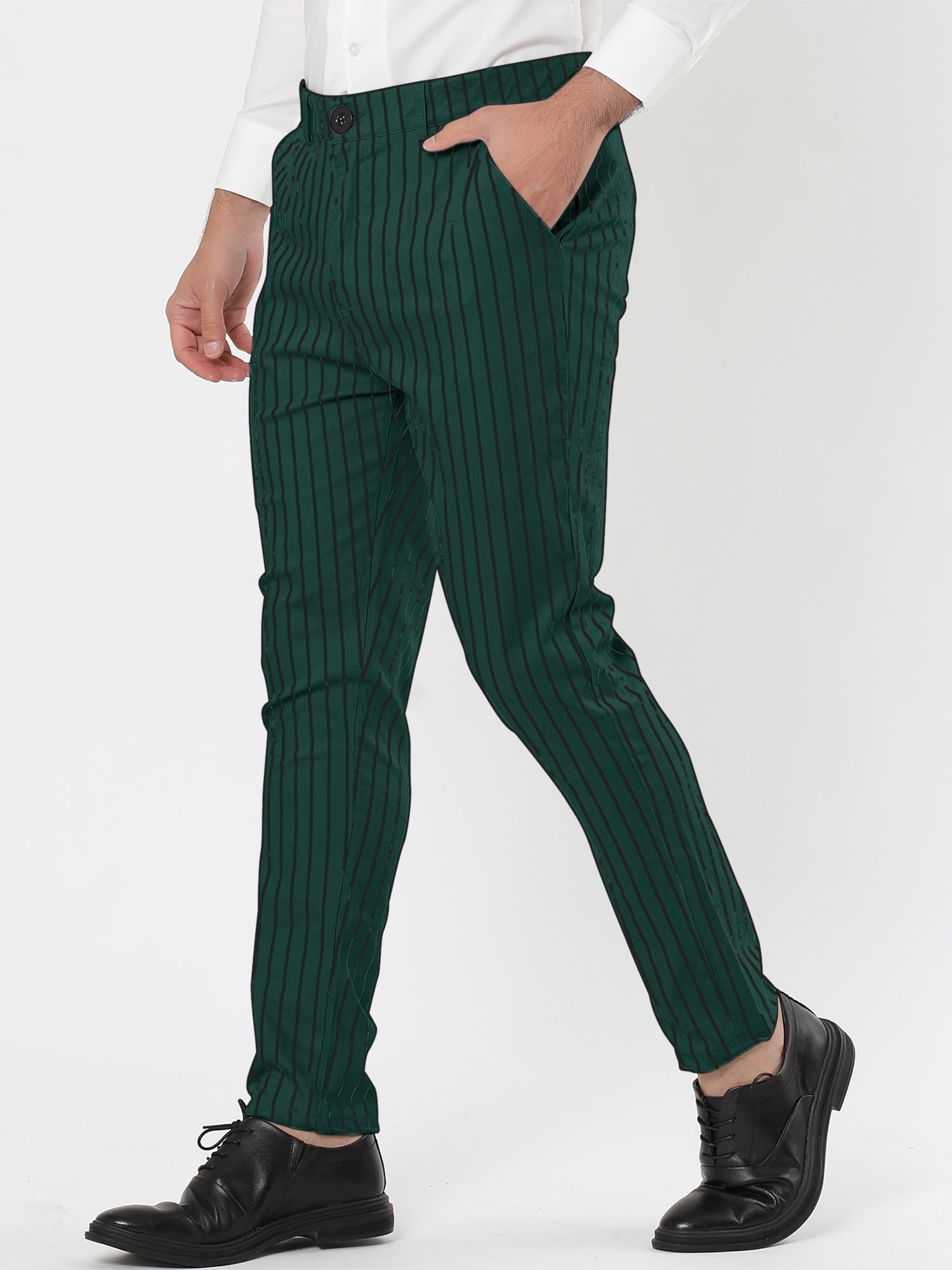 Unique Bargains Men's Striped Pants Slim Fit Flat Front Business Dress Trousers 32 Green Black