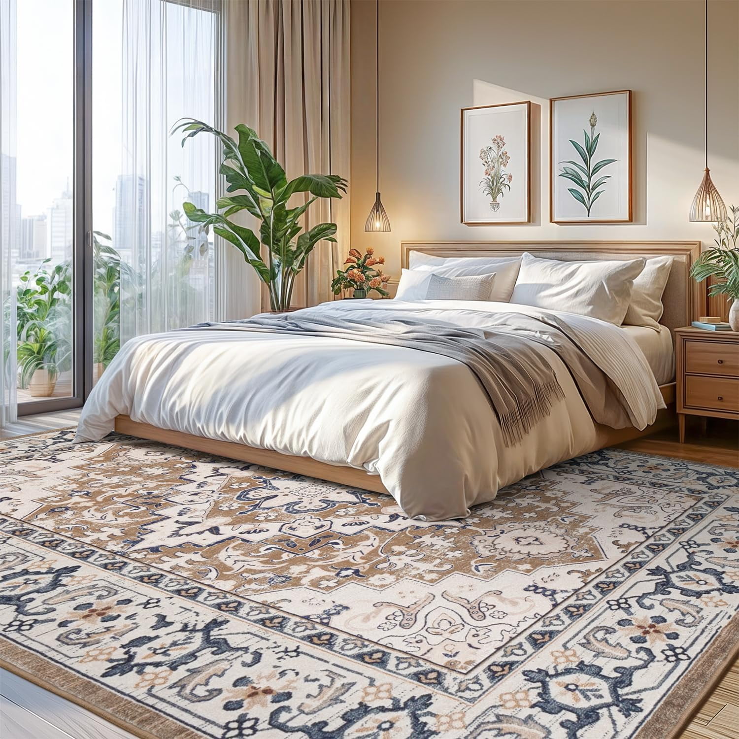 Reepow 8x10 Brown Beige Machine Washable Super Soft Faux-Wool Vintage Floral Boho Non-Slip Low Pile Large Area Rugs Carpet for Living Room Bedroom