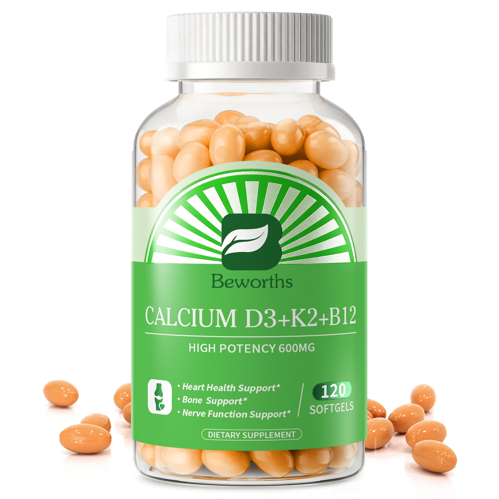 Beworths 4-in-1 Calcium 600Mg with Vitamin D3 K2 B12 Capsules for Bone Strength, Heart Health & Immune Support, 120 Capsules for Men and Women
