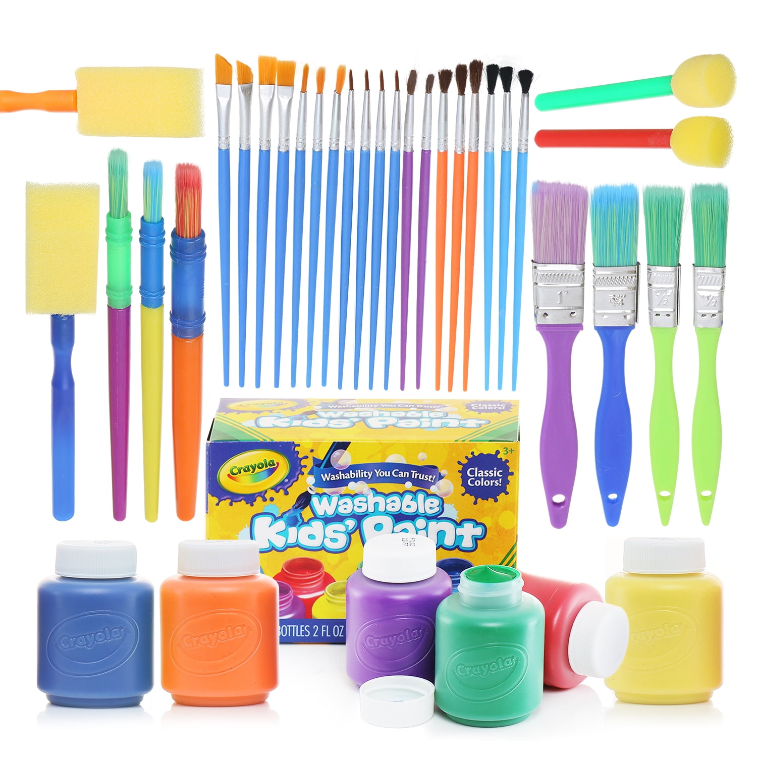 Complete Set of 30 Paint Brushes and 6 Colors of Crayola Washable