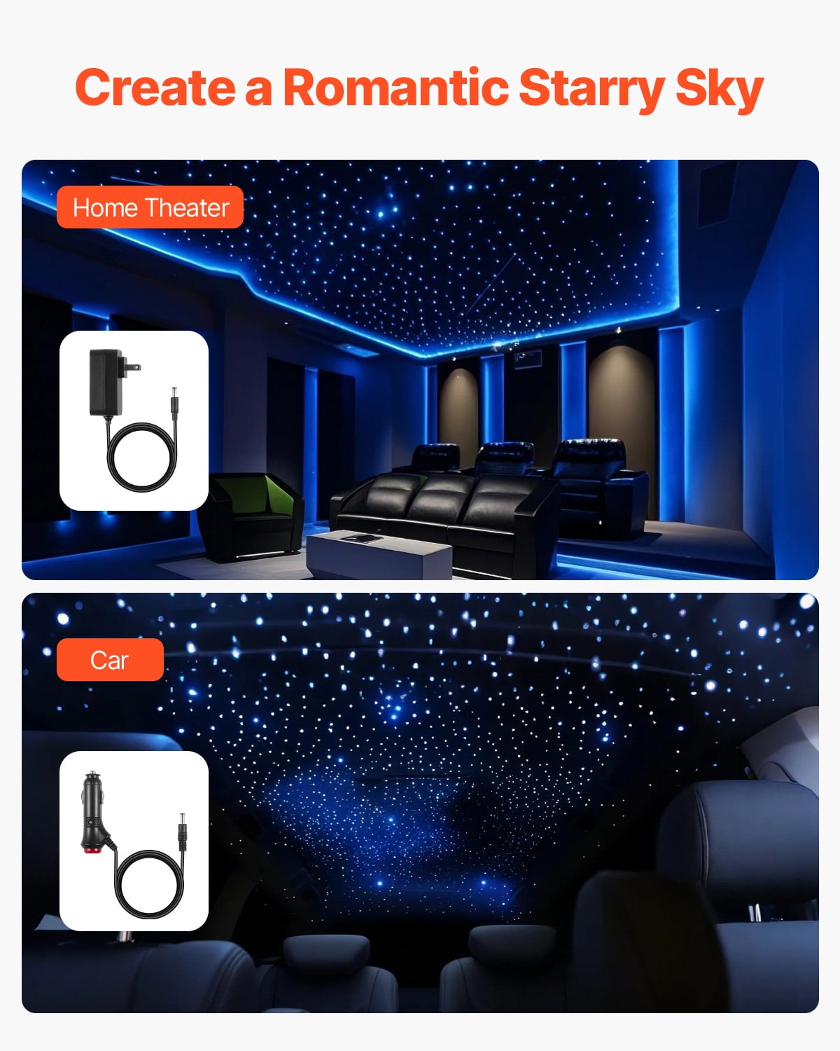 VEVOR Starlight Headliner Kit, 150 pcs 0.03 in 6.5 ft, 16W Fiber Optic Star Ceiling Lights for Car, Bluetooth APP, Remote Control, Sound Activated, RGBW Light Engine, for Home Bed Room Decoration