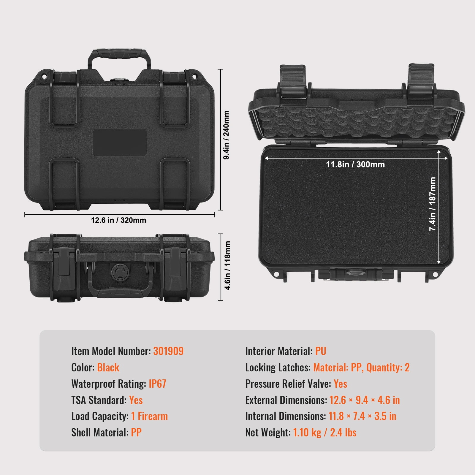 KFFKFF Durable Pistol Containers with Customizable Foam Inserts, Water-Resistant & Secure Hard Handgun Case for Single Pistol, Dimensions 12.59x9.01x4.4 inches, Features Lock, Color: Black